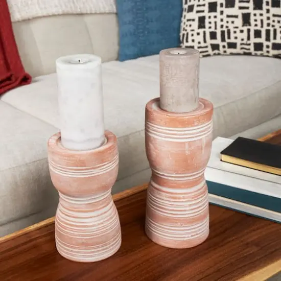 Whitewashed Ribbed Terracotta Candle Holder Set {3}