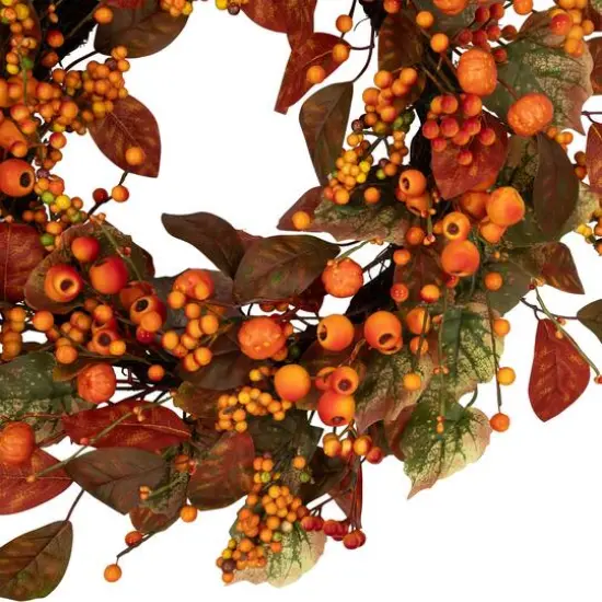 24" Orange & Green Berry & Pumpkin Fall Harvest Wreath {7}