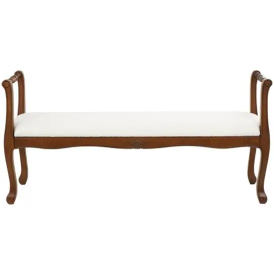 55" Cream Fabric Arm Bench with Brown Traditional Wood Turned Legs {3}