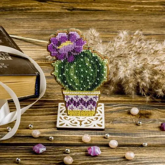 Wonderland Crafts Potted Round Cactus Bead Embroidery on Wood Kit {1}