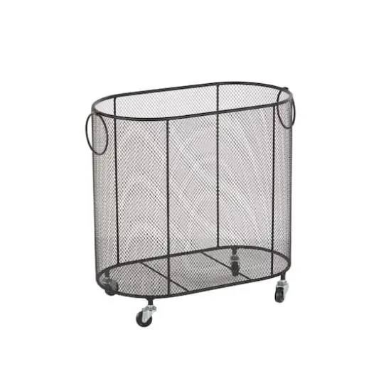 21" Metal Oval Mesh Wire Rolling Laundry Storage Cart with Ring Handles Black {3}