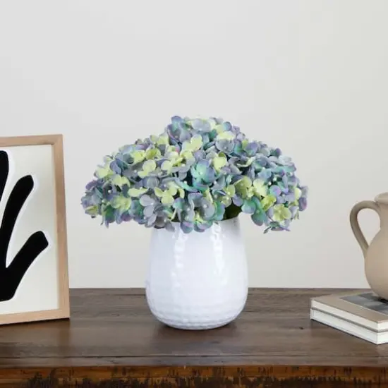 11" Blue Hydrangea Arrangement in White Metal Vase {3}