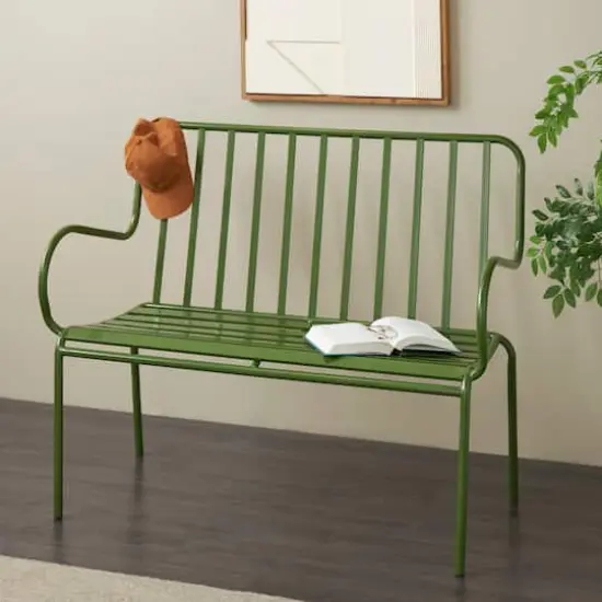 44.25" Green Metal Slatted Outdoor Bench with Curved Armrests {9}
