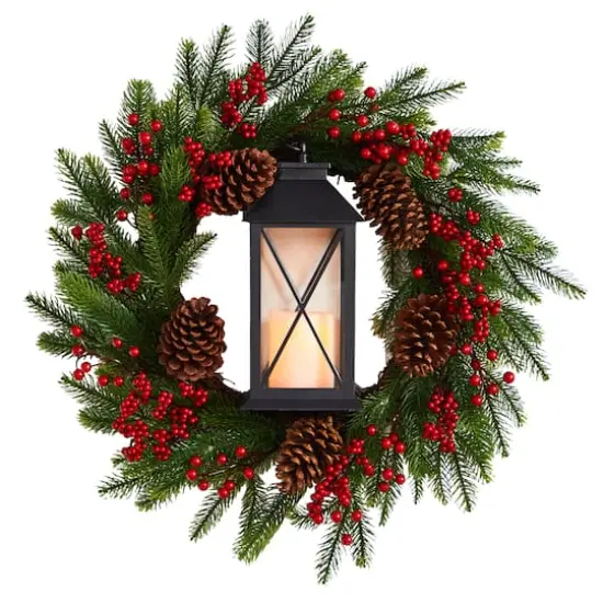 28" Berries & Pine Christmas Wreath with Lantern & Included LED Candle {1}