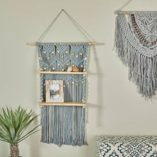 Gray Cotton Handmade 2 Shelves Macrame Wall Shelf 25" x 6" x 47" {8}