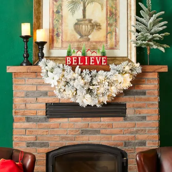 Glitzhome® 36" Pre-Lit Flocked Greenery Pine White Poinsettia & Berry Christmas Swag with Timer {4}