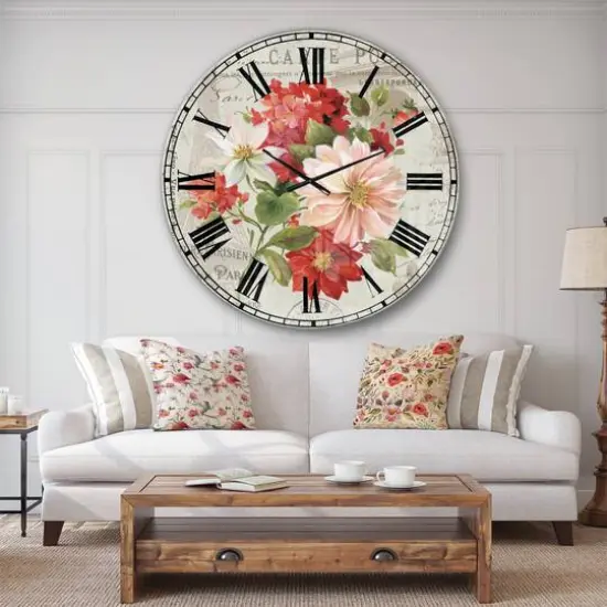Designart 'Red Painted Flowers On Vintage Postcard Ii Farmhouse Wall Clock {3}