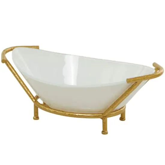 CosmoLiving by Cosmopolitan 25" White Glass Kitchen Serving Bowl with Gold Metal Stand {5}