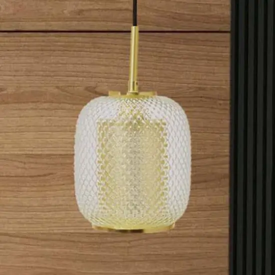 Hello Honey&reg; Clear & Gold Embossed Glass Shade Pendant Lamp with Brass Accents {4}