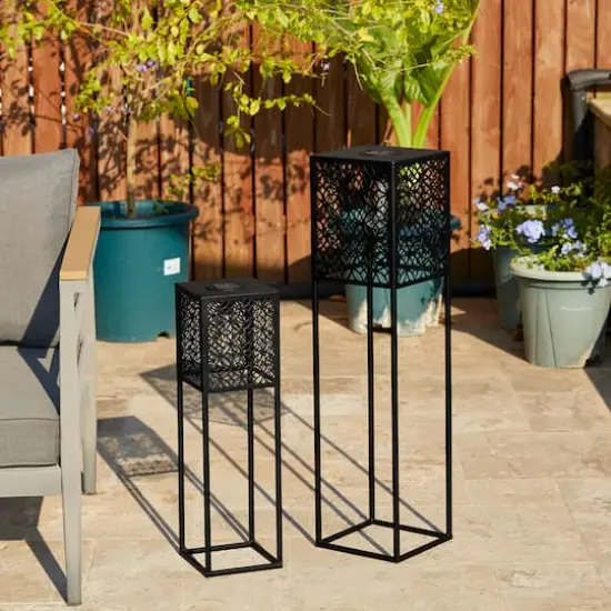 Glitzhome&reg; Black Metal Cutout Pattern Solar Powered Outdoor Floor Lanterns Set {3}