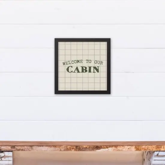 Welcome To Our Cabin Gray and Cream Check Canvas Wall Art in Black Frame {5}