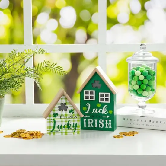Glitzhome&reg; Lighted St. Patrick's Wooden House Table D&eacute;cor Set {4}