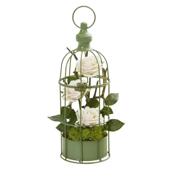 15" Triple Rose Arrangement in Decorative Cage White {1}