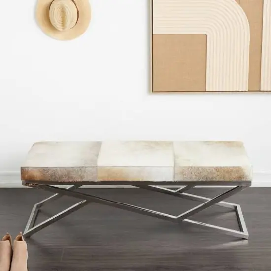 Light Gray Leather Geometric Bench with Angled Silver Metal Base {11}