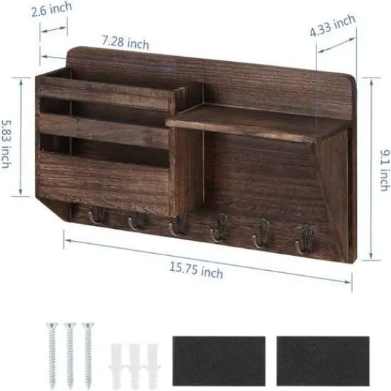 NEX™ 16" Brown Wall-Mounted Mail & Key Holder Organizer with 6 Key Hooks {3}