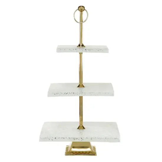 White Marble & Aluminum 3 Tier Tray Stand {1}