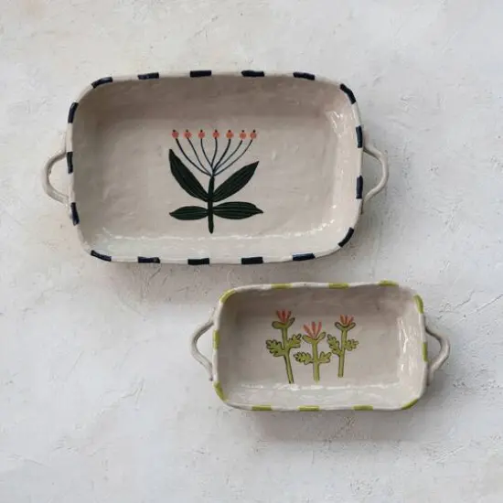 Hello Honey 1-Quart Hand-Painted Stoneware Organic Shaped Baker with Handles and Flower, Multicolor {3}