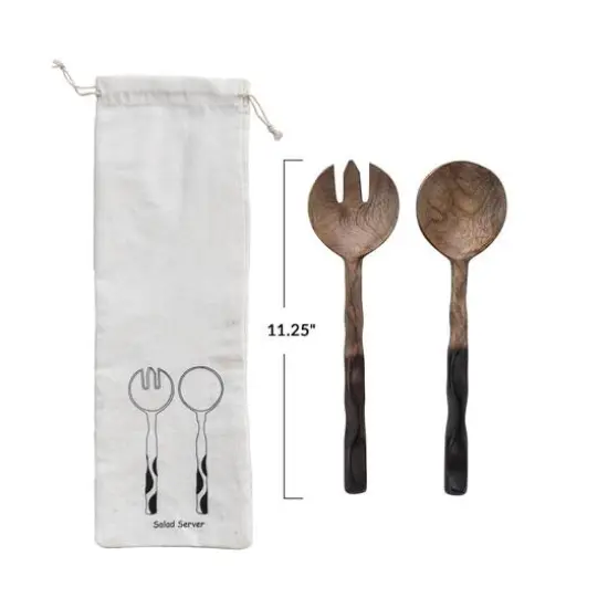 Hello Honey&reg; Natural & Espresso Mango Wood Salad Server Set with Drawstring Bag {4}