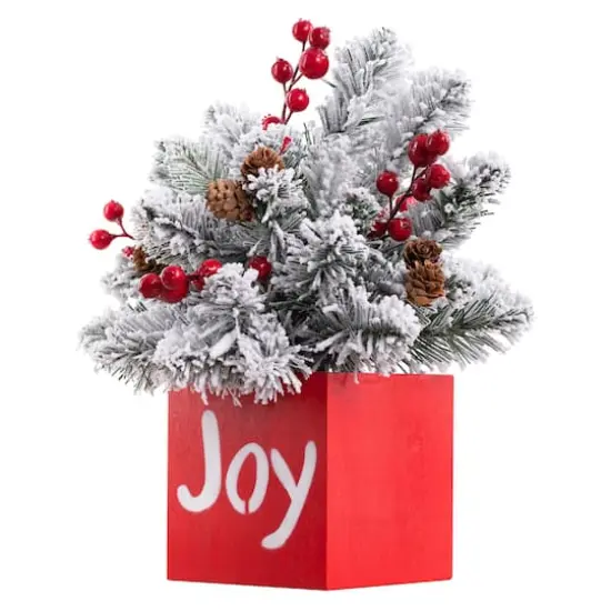 14" LED Joy Frosted Greenery In Red Wood Container {3}