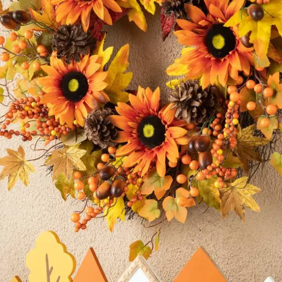 Glitzhome&reg; 24" Fall Sunflower, Maple Leaf &Berry Wreath {13}