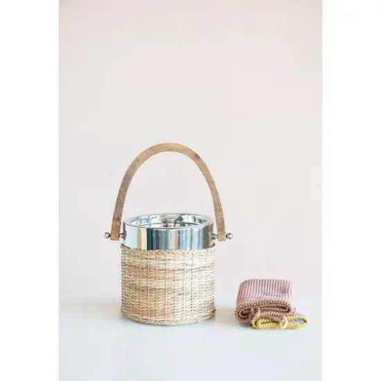 Hello Honey&reg; 9.5" Stainless Steel & Woven Rattan Ice Bucket with Mango Wood Handle {3}
