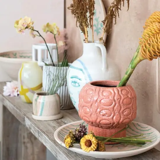 Hello Honey&reg; 9" Coral Crackle Glaze Embossed Terra Cotta Footed Vase Planter {4}