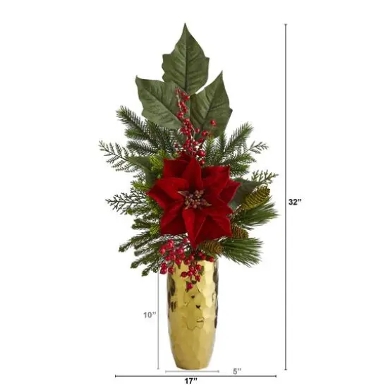 32" Poinsettia, Berries, Pine & Pinecone Arrangement in Gold Vase {3}