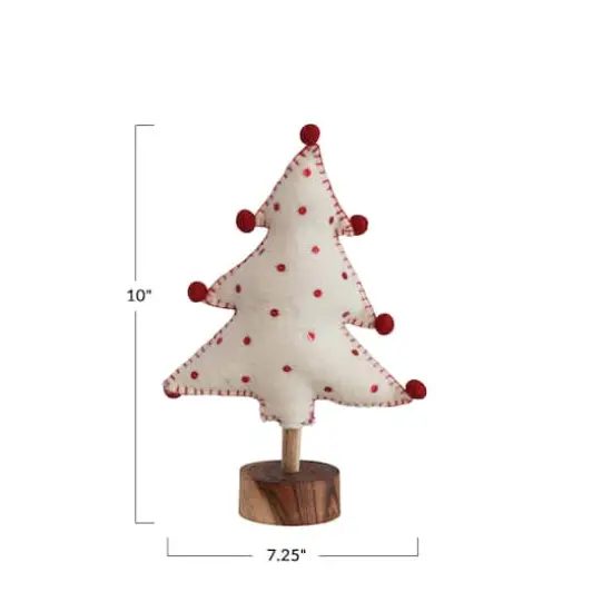 Hello Honey® 10" White & Red Handmade Wool Felt Tree with Sequins, Pom Poms & Wood Base {4}