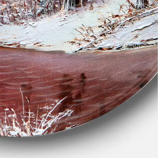 Designart - Christmas Forest With River and Trees IV - Traditional Metal Circle Wall Art {5}