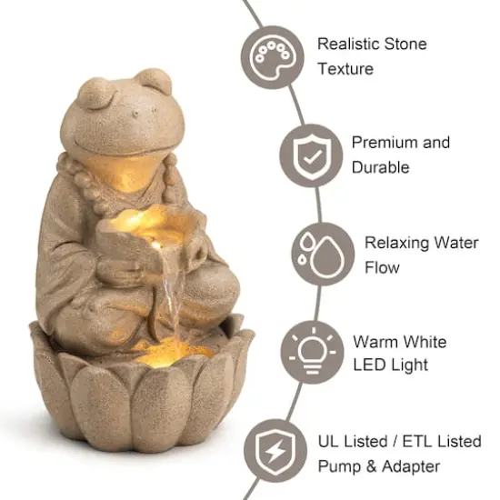 Glitzhome&reg; 21.75" Sand Beige Zen-Style LED 2-Tier Frog Outdoor Fountain {4}