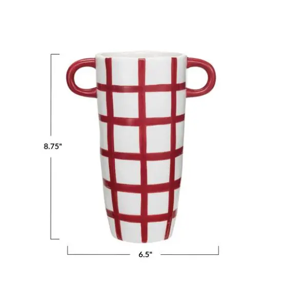 Hello Honey® 8.25" Hand-Painted Red & White Grid Stoneware Container with Handles {4}