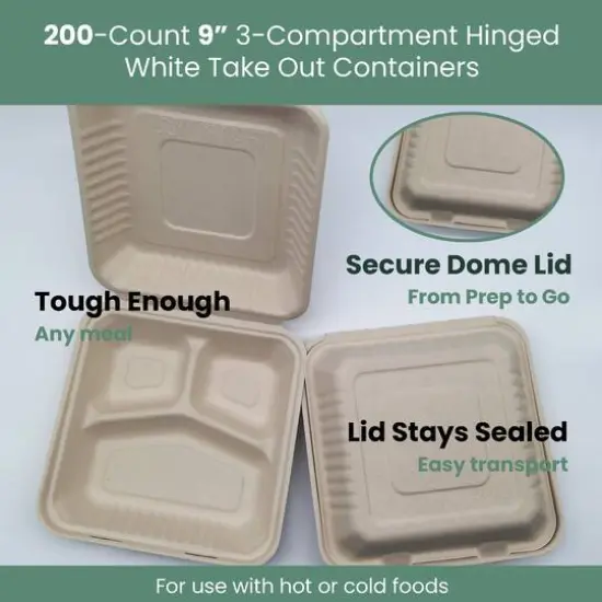 9" Natural Beige Single-Compartment Hinged Compostable Take Out Containers, 200ct. {7}
