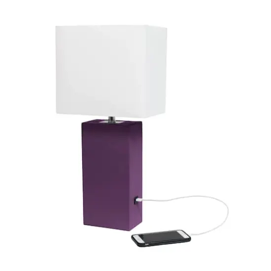 Lalia Home Lexington 21" Leather Table Lamp with USB Charging Port Eggplant Purple {7}