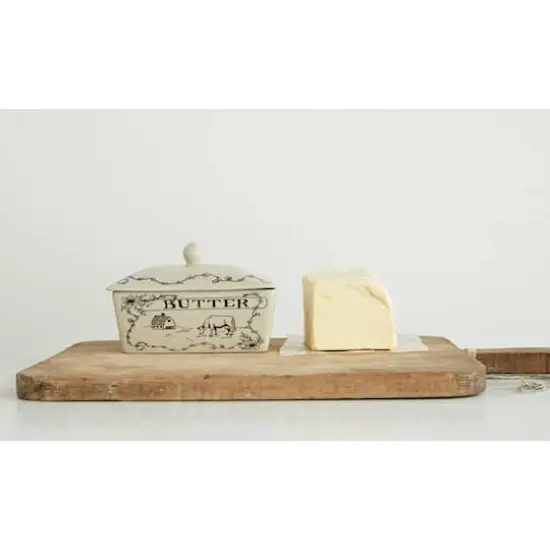 Hello Honey® 7" Country Style White & Black Stoneware Butter Dish with Lid {6}