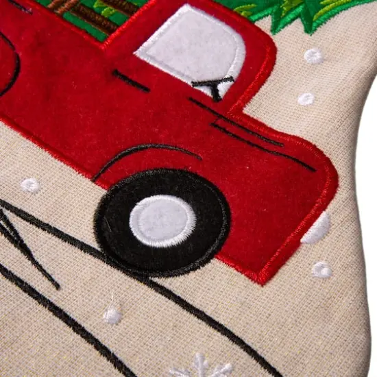 Glitzhome&reg; 21" Embroidered Red Truck Linen Christmas Stocking {6}
