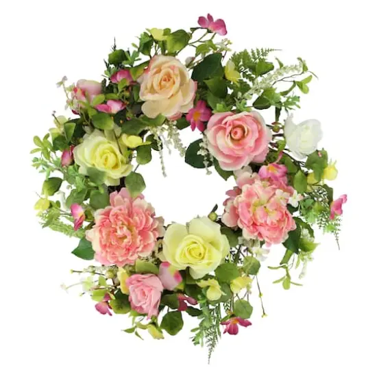 22" Pink & Yellow Rose & Peony Floral Artificial Spring Wreath {1}