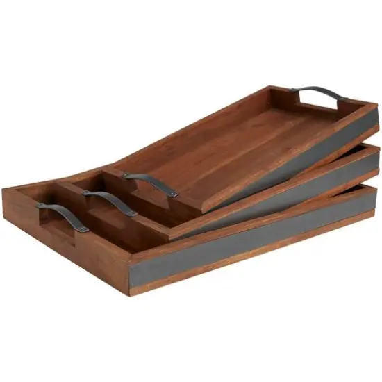 Brown & Black Wooden Nesting Tray with Metal Handles Set {7}