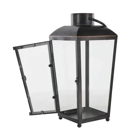 16" Black Metal Modern Candle Lantern with Gold Accents {4}