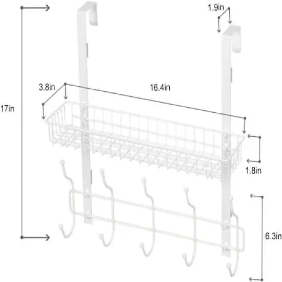 17" Over the Door Hook Hanger with Mesh Basket White {4}