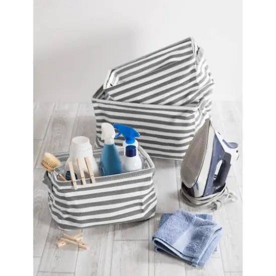DII&reg; Stripes PE-Coated Herringbone Woven Cotton Laundry Bin Set Gray {4}
