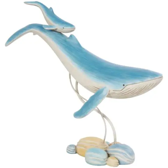 18.5" Blue Polystone Swimming Whale Parent & Child Sculpture D&eacute;cor {1}