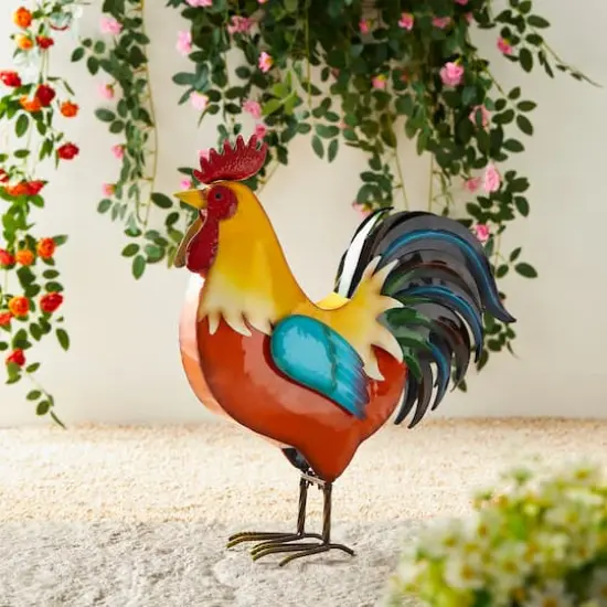 Glitzhome® 21" Vibrant Standing Metal Rooster Garden Statue {3}