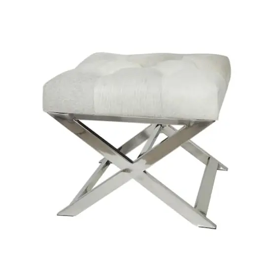 19" Light Gray Leather Geometric Tufted Stool with Metal Base {1}
