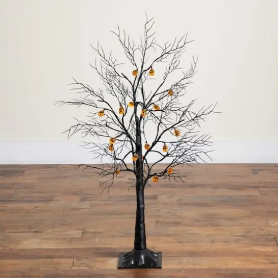3ft. Pre-Lit Artificial Halloween Black Twig Tree with 18 Orange LED Pumpkin Shaped Lights {10}