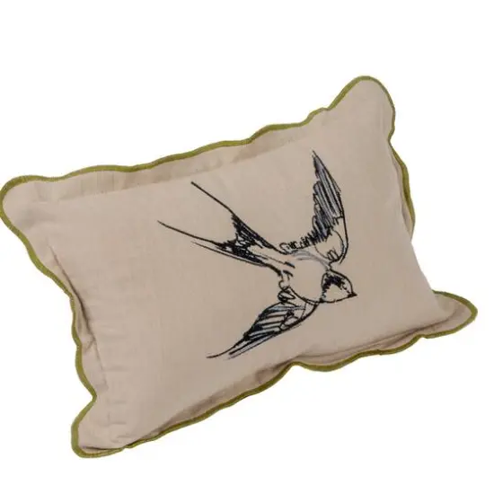 Hello Honey&reg; Embroidered Bird Cotton Chambray Printed Lumbar Pillow with Patterned Back & Scalloped Edge {1}