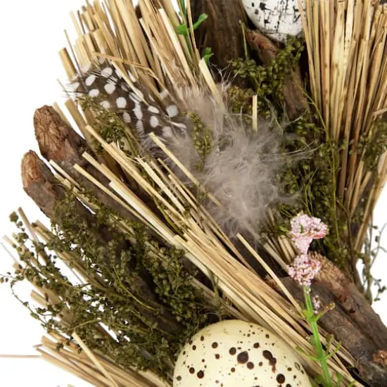 14" Speckled Eggs & Feathers Artificial Easter Wreath {5}