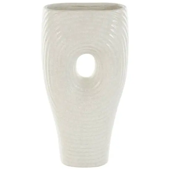16" White Speckled Ceramic Ribbed Cutout Vase {7}