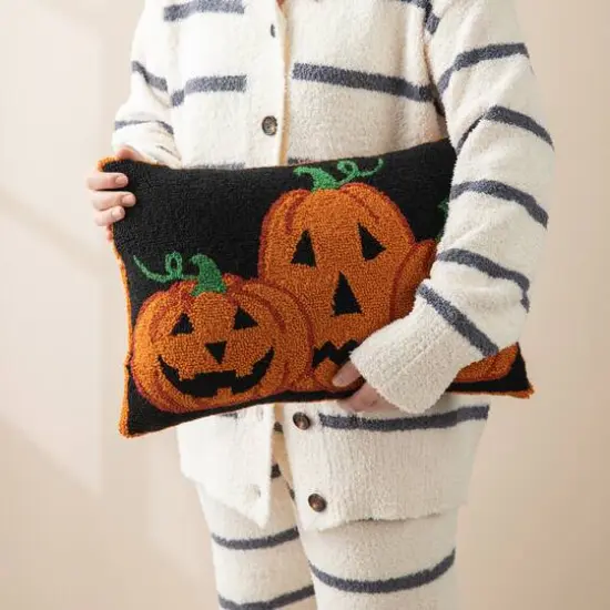 Glitzhome&reg; 18" x 12" Hooked Halloween Pumpkins Pillow {4}