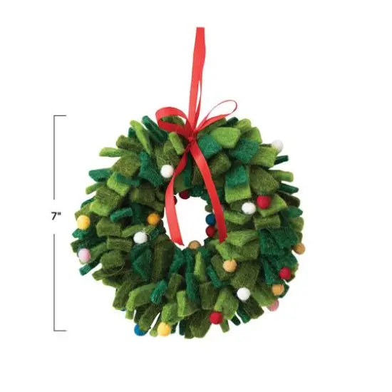 Hello Honey&reg; 7" Green & Multicolor Pom Pom Round Wool Felt Wreath Ornament {4}