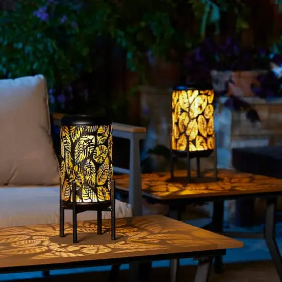 Glitzhome&reg; 14.25" Black Metal Cutout Leaves Pattern Solar Powered LED Outdoor Lantern, 2ct. {6}